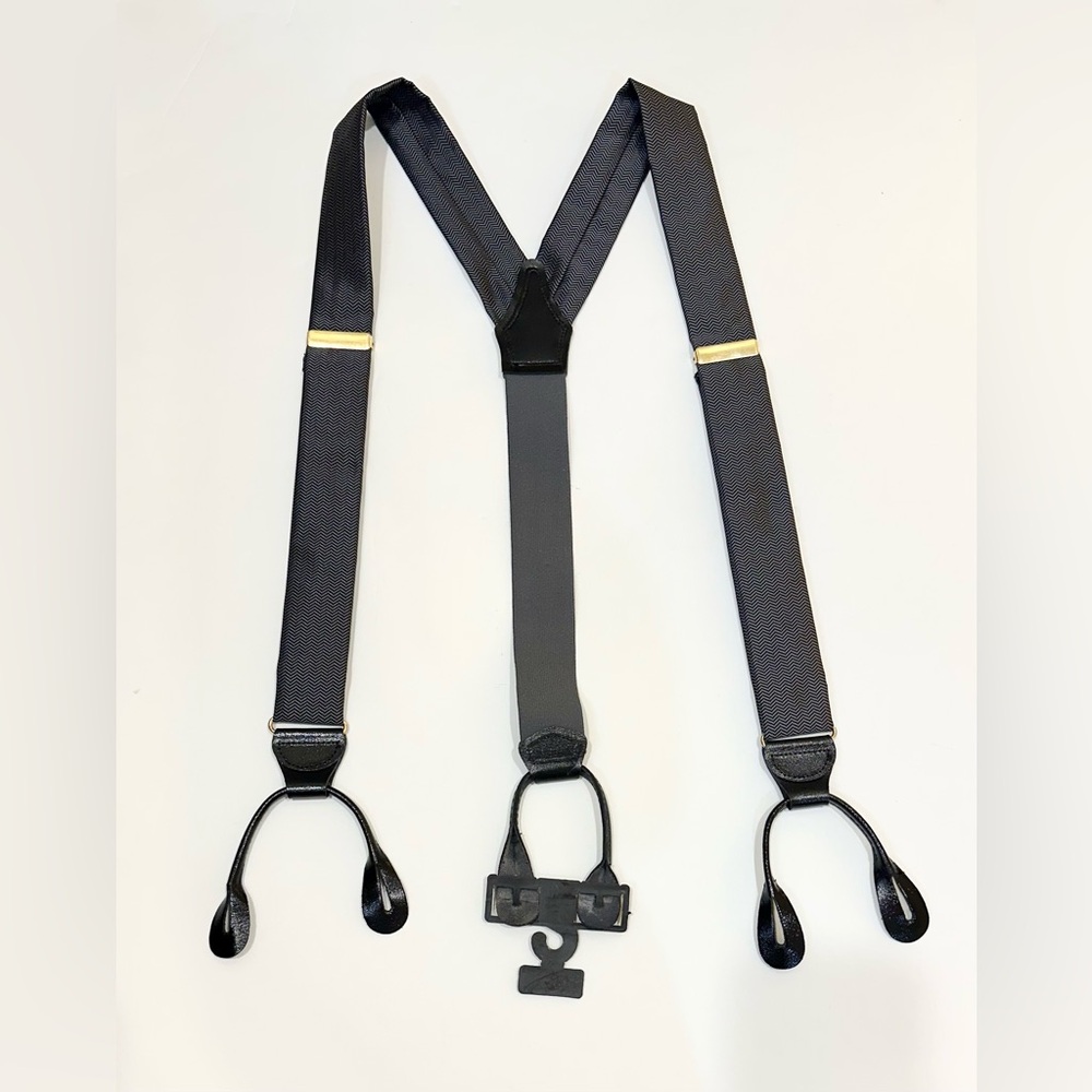 🌟HP🌟VTG 1980 CAS West Germany Gray/Black Silk Herringbone Leather Suspenders
